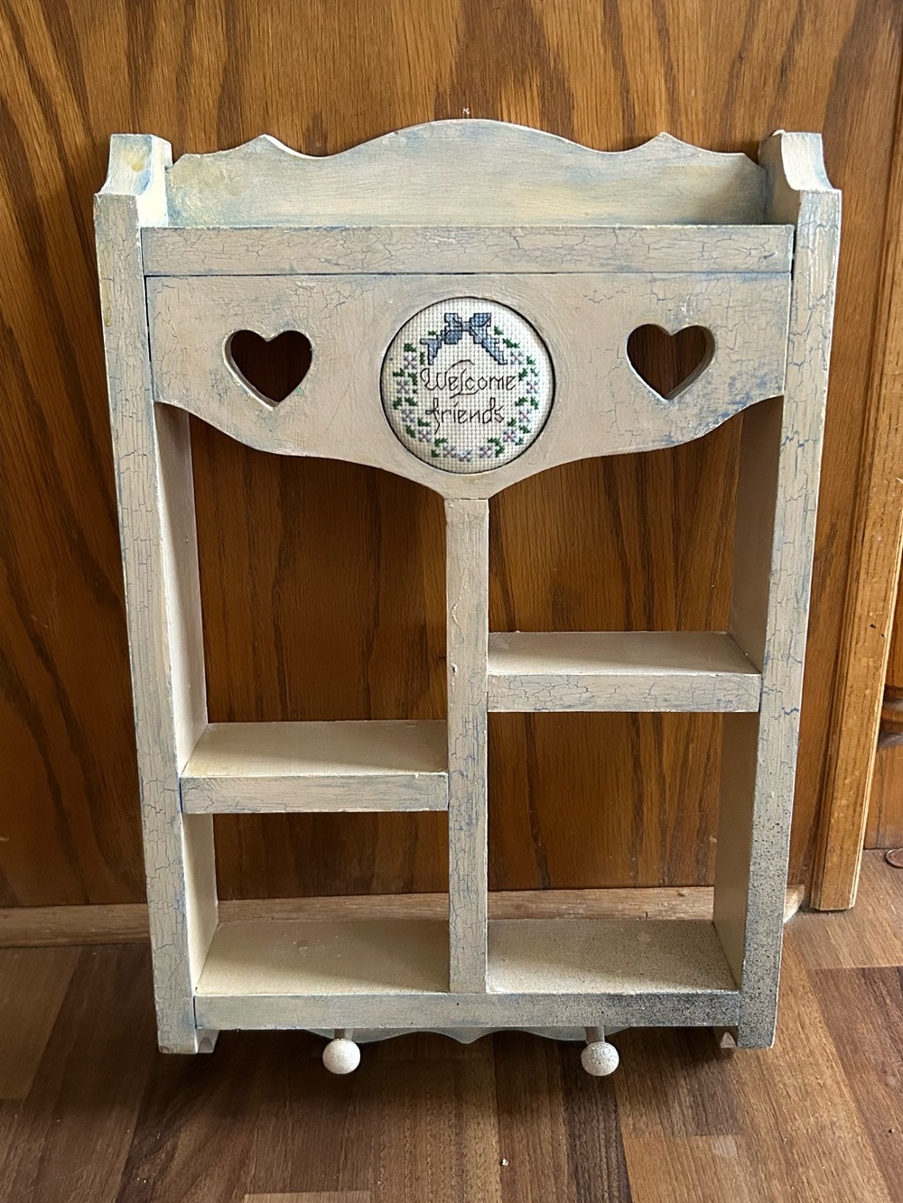 Cream Wooden Wall Shelf with Heart Cutouts - embroidered ‘Welcome Friends’Accent